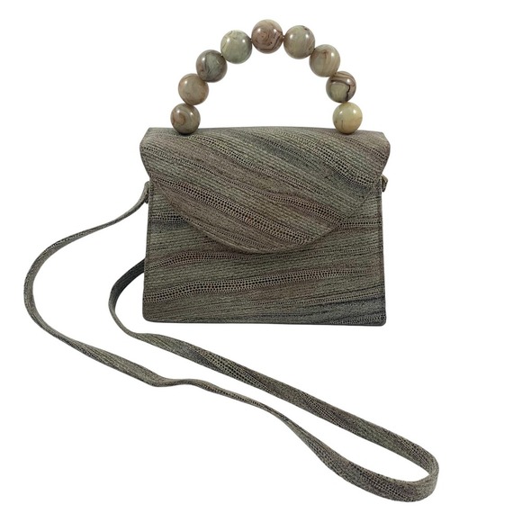 90's designer MICHELLE LALONDE New York reptile suede mini bag tortoise handle - Picture 13 of 14